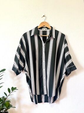 Madewell Women's Oversized Striped Pleated Sleeve Button-Up Shirt Summit Green